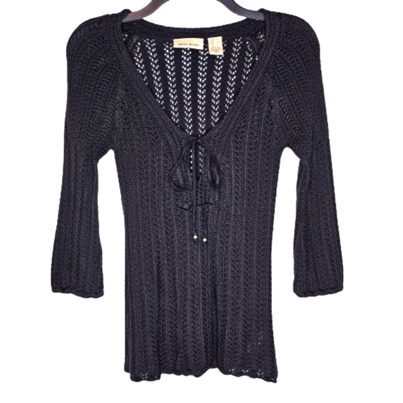 DKNY JEANS Black Witchy Crochet 3/4 Sleeve Open Knit Pullover Top Neck Tassels S - Picture 1 of 6